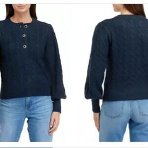 Biltmore Jeweled Button Cable Knit Henley Balloon Sleeve Sweater‎ Size M